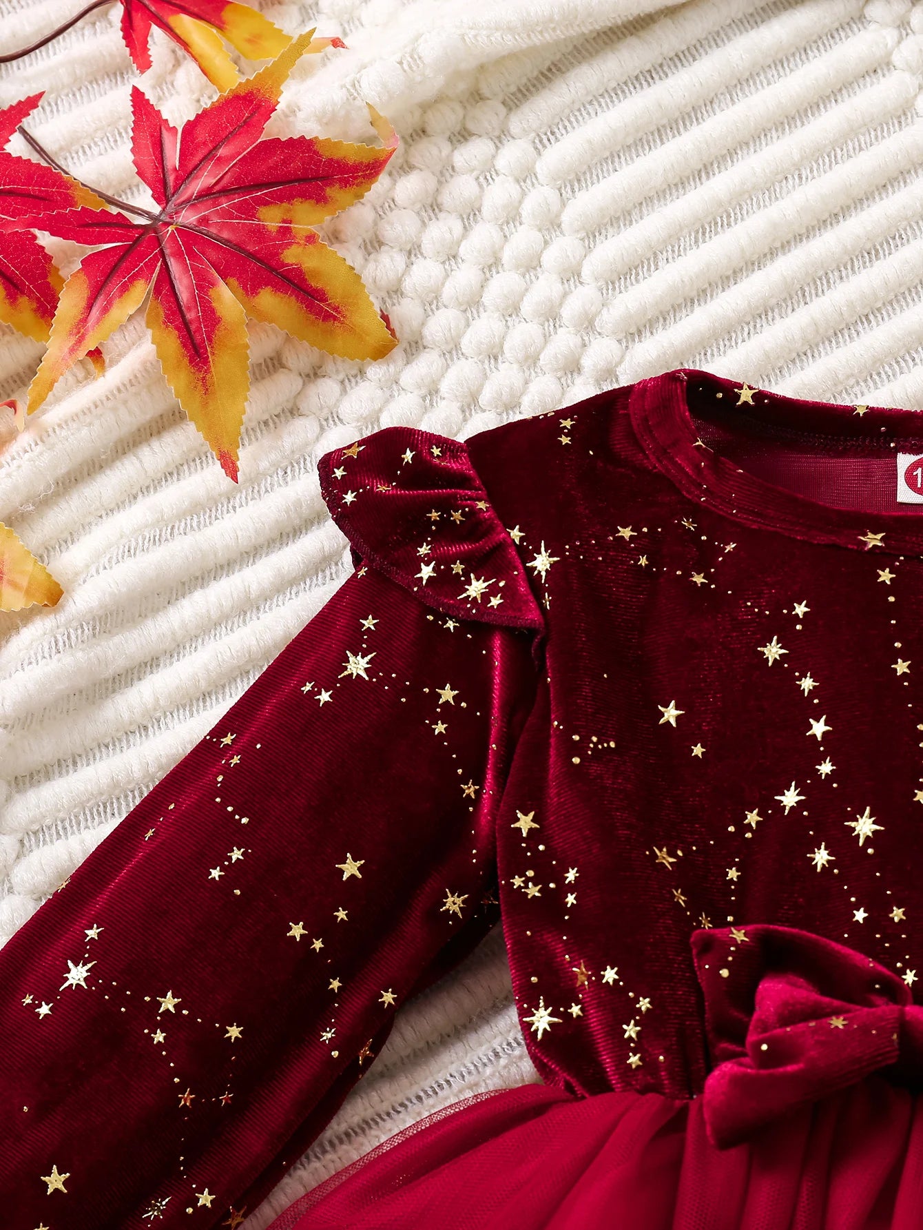 Kidsclick Girls Autumn Winter Velvet Dress – Star Print Long Sleeve Mesh Bow Princess Dress for Party