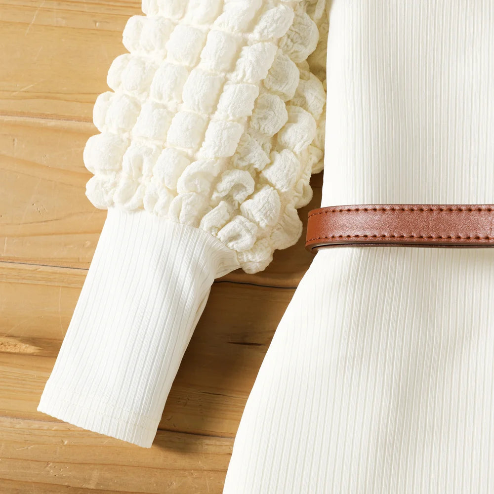 Toddler Girl Textured Ribbed Long Puff-sleeve Dress (Belt is not included)