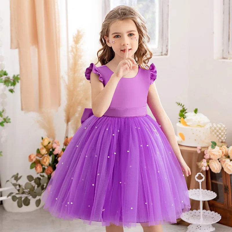 Flower Girl Dresses Birthday Tulle Dress Backless Bow Wedding Gown Kids Party Wear Princess Pink Baby Bowknot Toddler