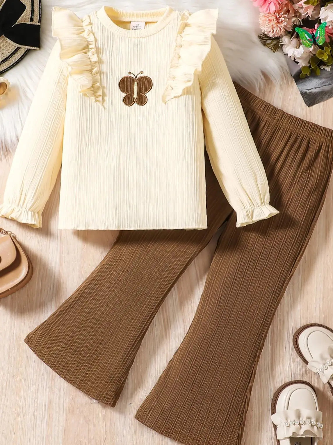 Autumn New Girl Cute Casual Elegant Set Ruffled Round Neck Long Sleeve Top+Solid Elastic Waist Loose Casual Trousers Suit