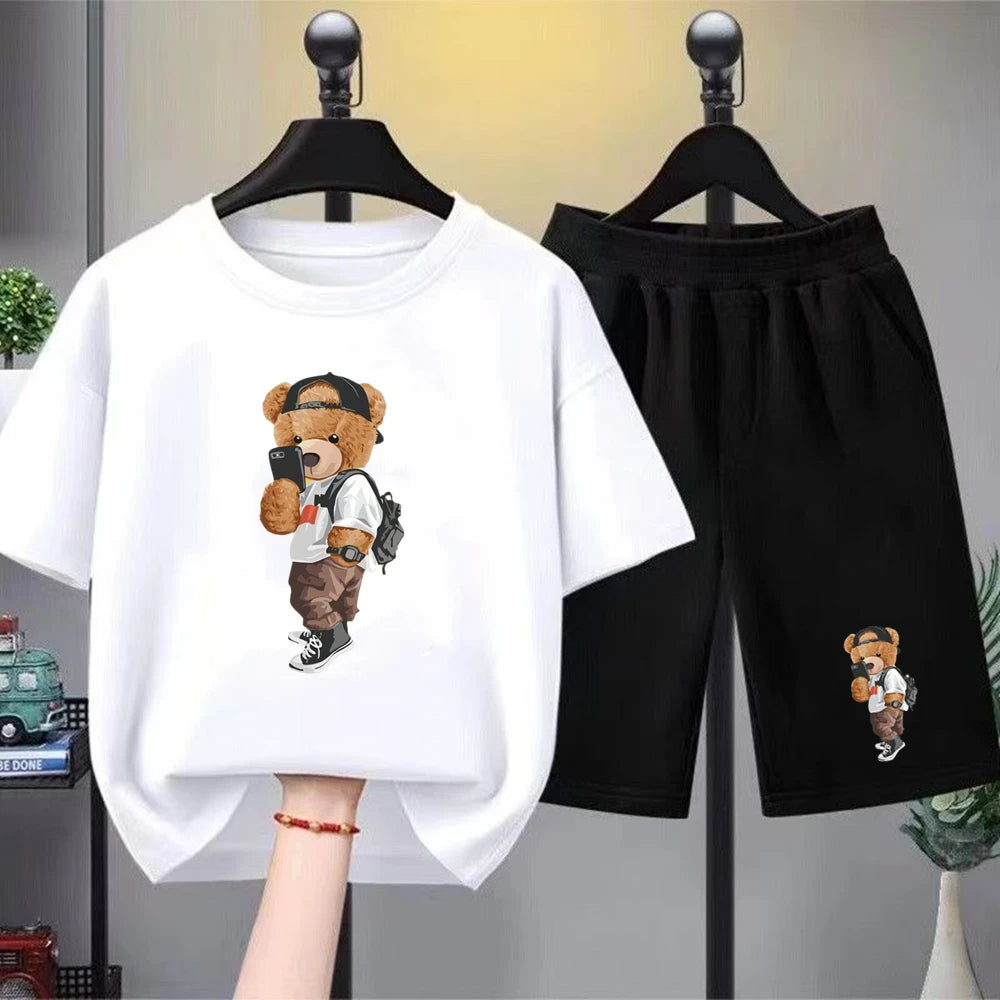 Little bear Print yellow Summer Short Sleeve Children Age 3-12 Girls boy Set white black Tshirt+Shorts 2pcs leisure Kids Set