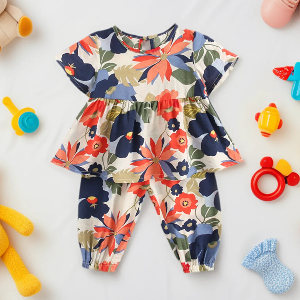 Fashion Flower Summer Children Sets Cotton Infants Girls Princess Clothes 2Pcs