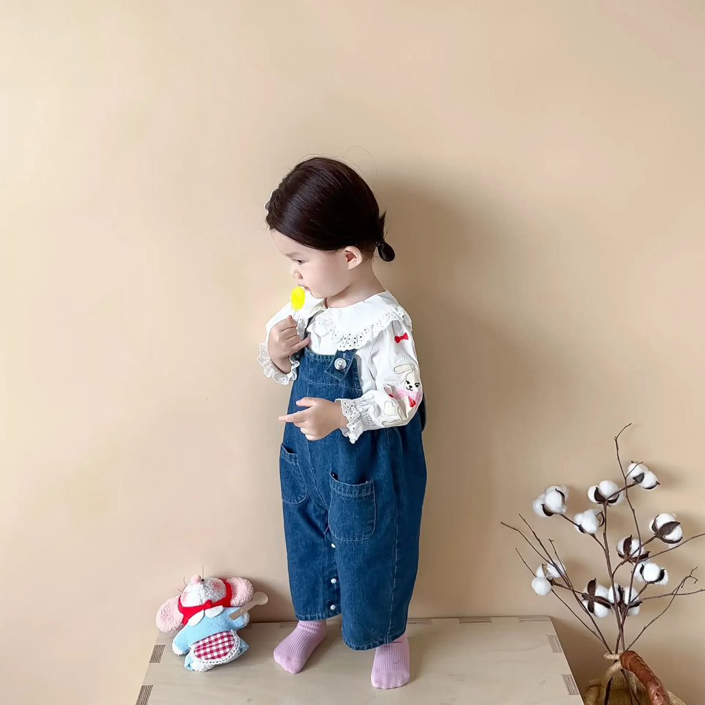 2025 Autumn New Baby Girl Sleeveless Denim Jumpsuit Toddler Girl Cute Rabbit Ear Overalls Infant Romper Kids Clothes 0-24M