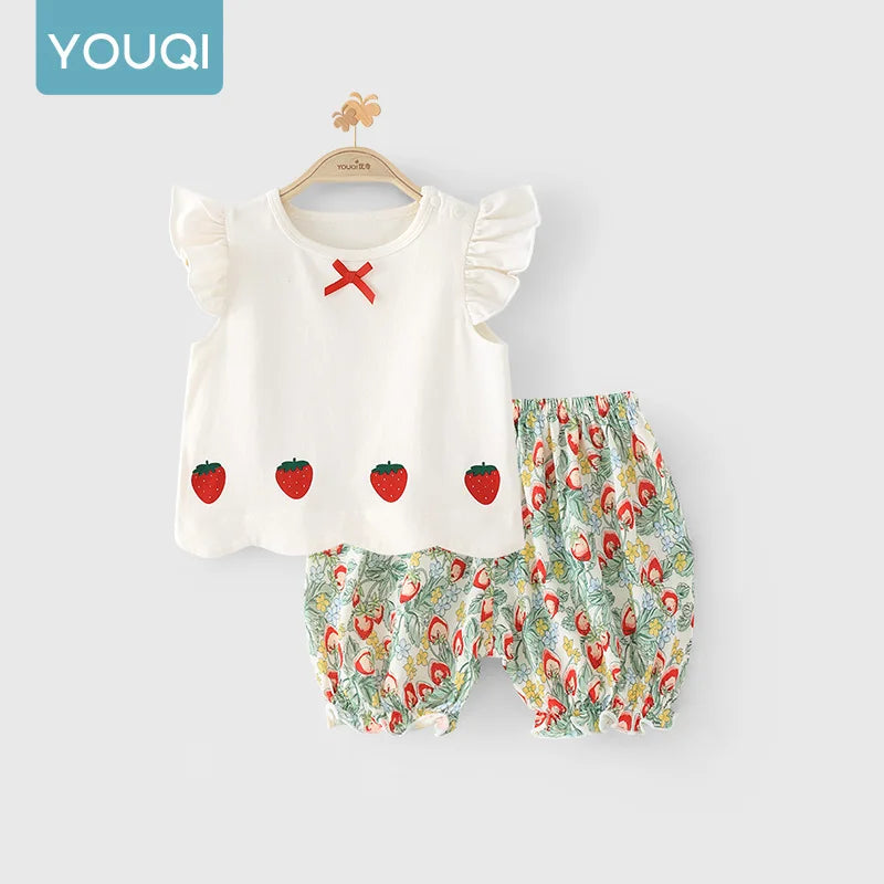 【Youqi】Chinese 0-2 Year Old Baby Girl Outfit Short-Sleeve Shorts Set New Style Baby Top Two-Piece Set Children's Fashionable Outfit