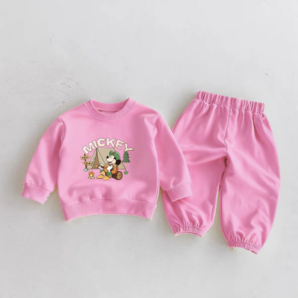 6m-6y Children's Clothes Spring New Mickey Sweatshirts Outfits Cartoon Fashion Solid Color Long Sleeve Tops + Pants 2piece/set