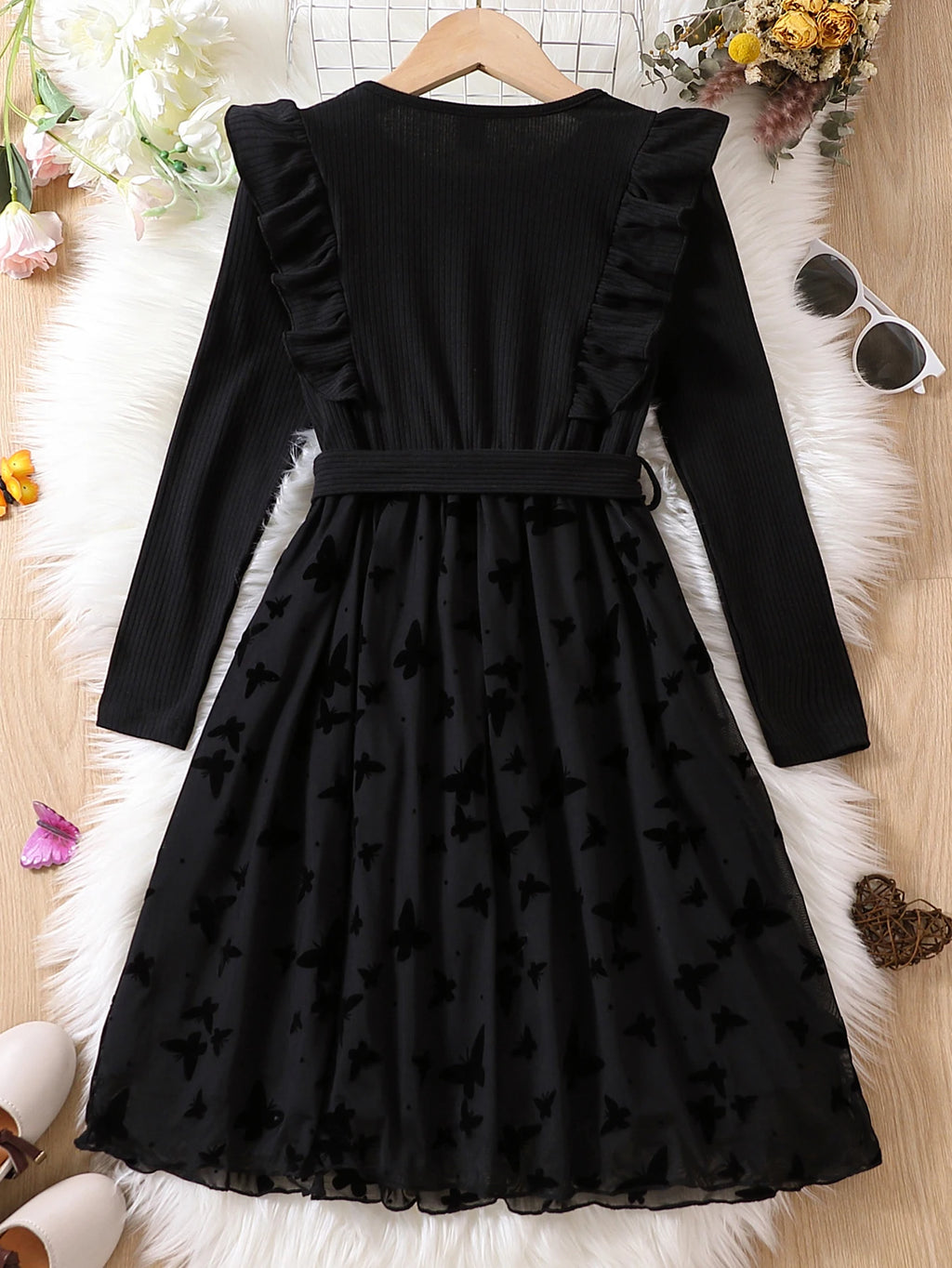 Girls Black Velvet Dress with Butterfly Design Autumn Winter Sweet Cool Princess Style Knitted Panel Velvet Skirt for Kids