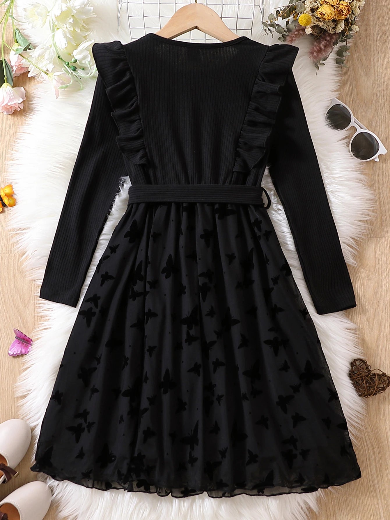 Girls Black Velvet Dress with Butterfly Design Autumn Winter Sweet Cool Princess Style Knitted Panel Velvet Skirt for Kids