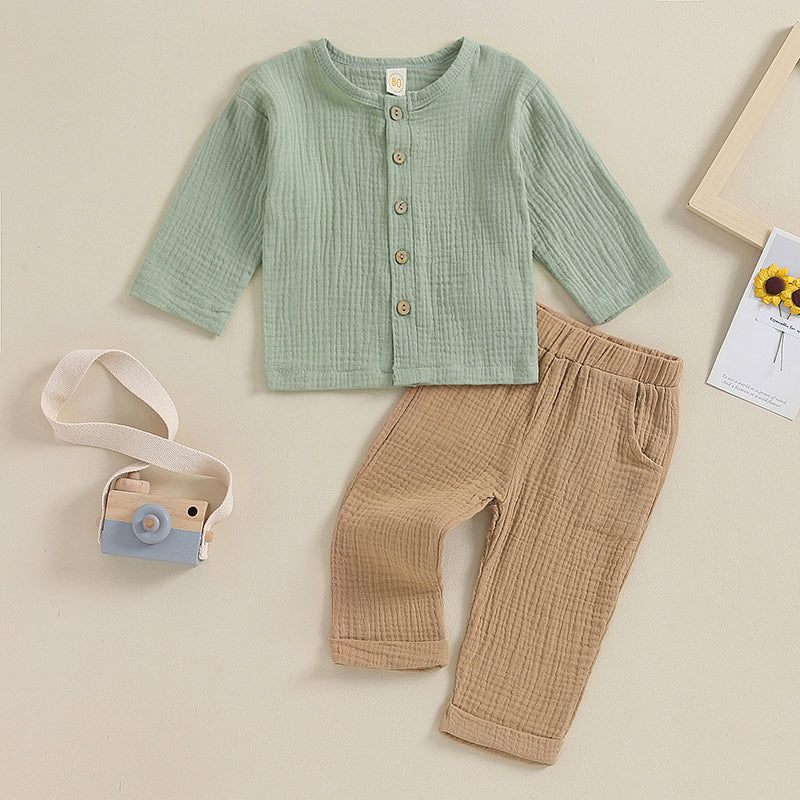 VISgogo 2pcs Kids Baby Boys Outfit Button Down Long Sleeve T-shirt with Solid Color Long Pants Linen Spring Fall Outfit