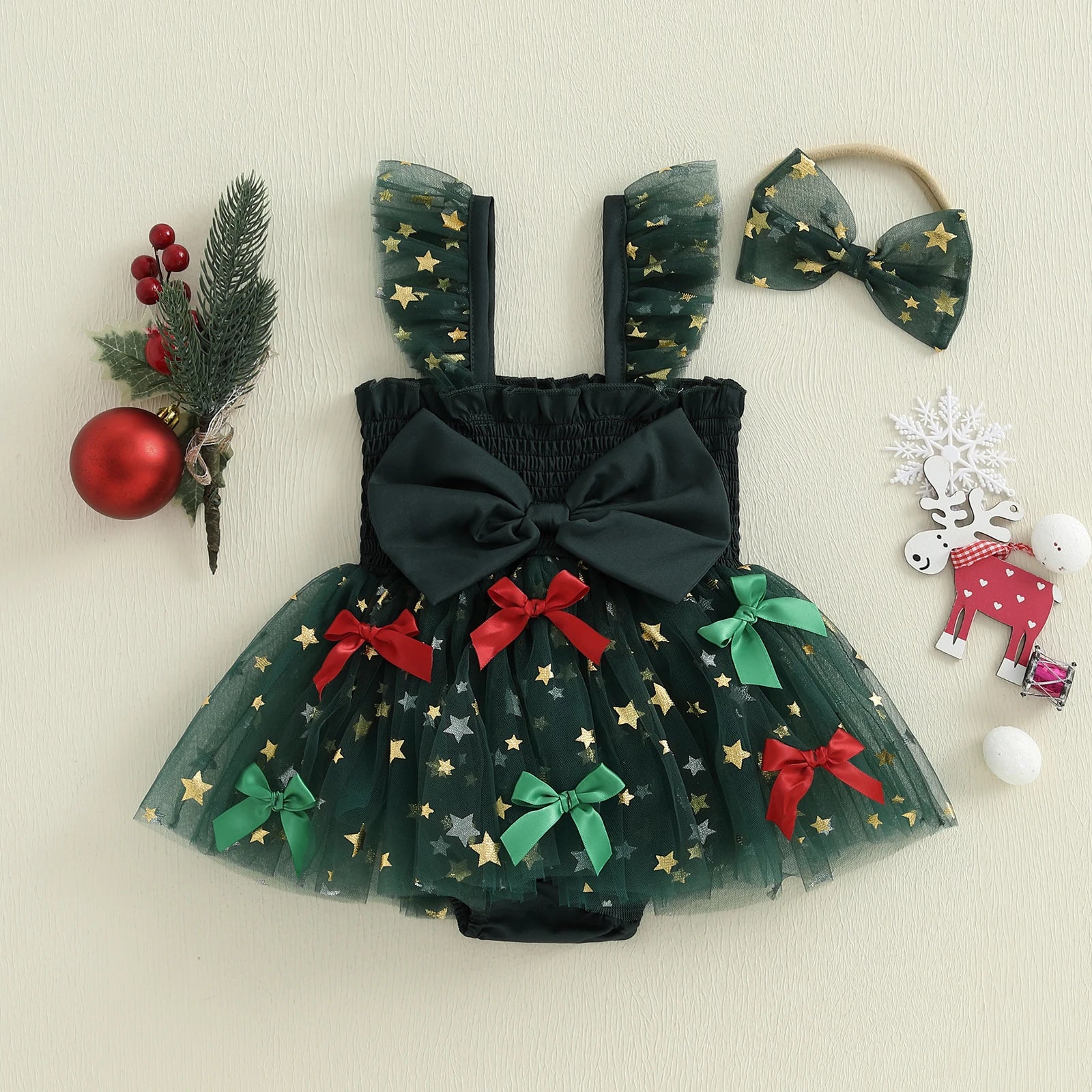 Kidsclick Baby Girls Christmas Romper Dress – Star Print Tulle Sleeveless Baby Outfit with Headband