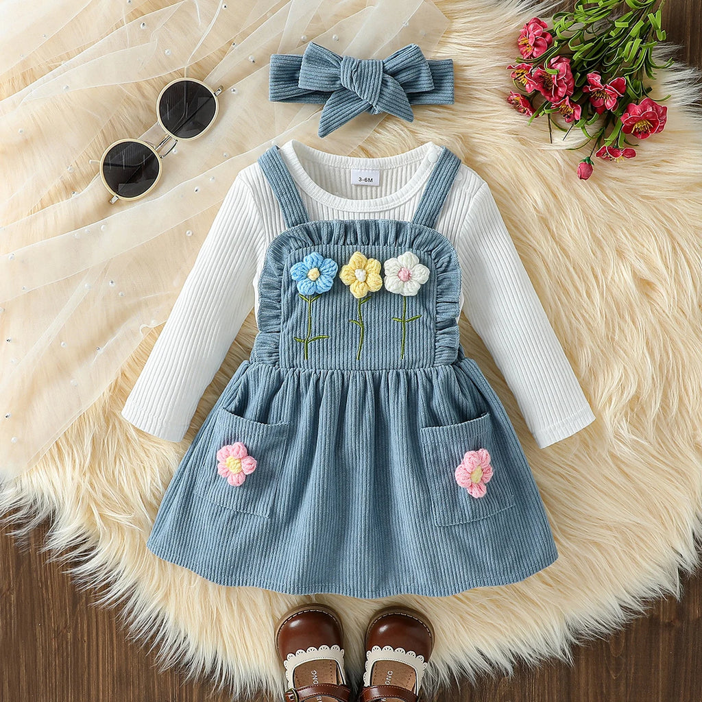Baby Girls Autumn Outfit Long Sleeves Rompers and Crochet Flowers Suspender Skirt 3 Piece Cute Casual Clothes Set +Headband