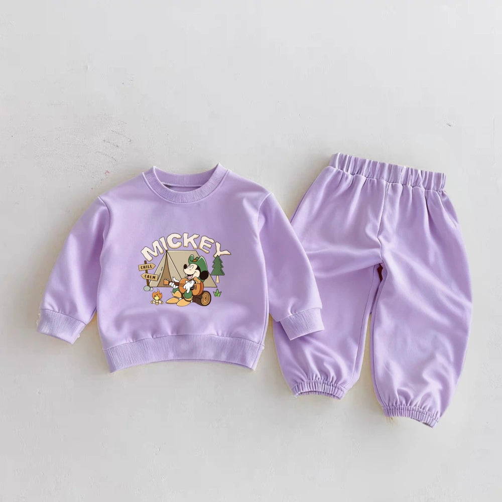 6m-6y Children's Clothes Spring New Mickey Sweatshirts Outfits Cartoon Fashion Solid Color Long Sleeve Tops + Pants 2piece/set