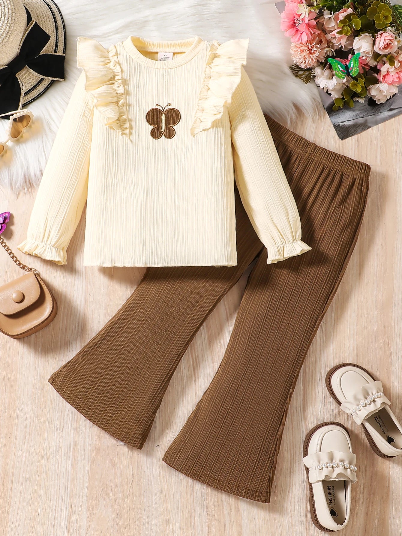 Autumn New Girl Cute Casual Elegant Set Ruffled Round Neck Long Sleeve Top+Solid Elastic Waist Loose Casual Trousers Suit