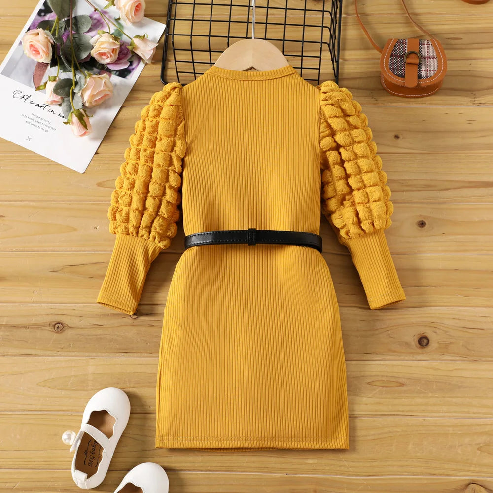 Toddler Girl Textured Ribbed Long Puff-sleeve Dress (Belt is not included)