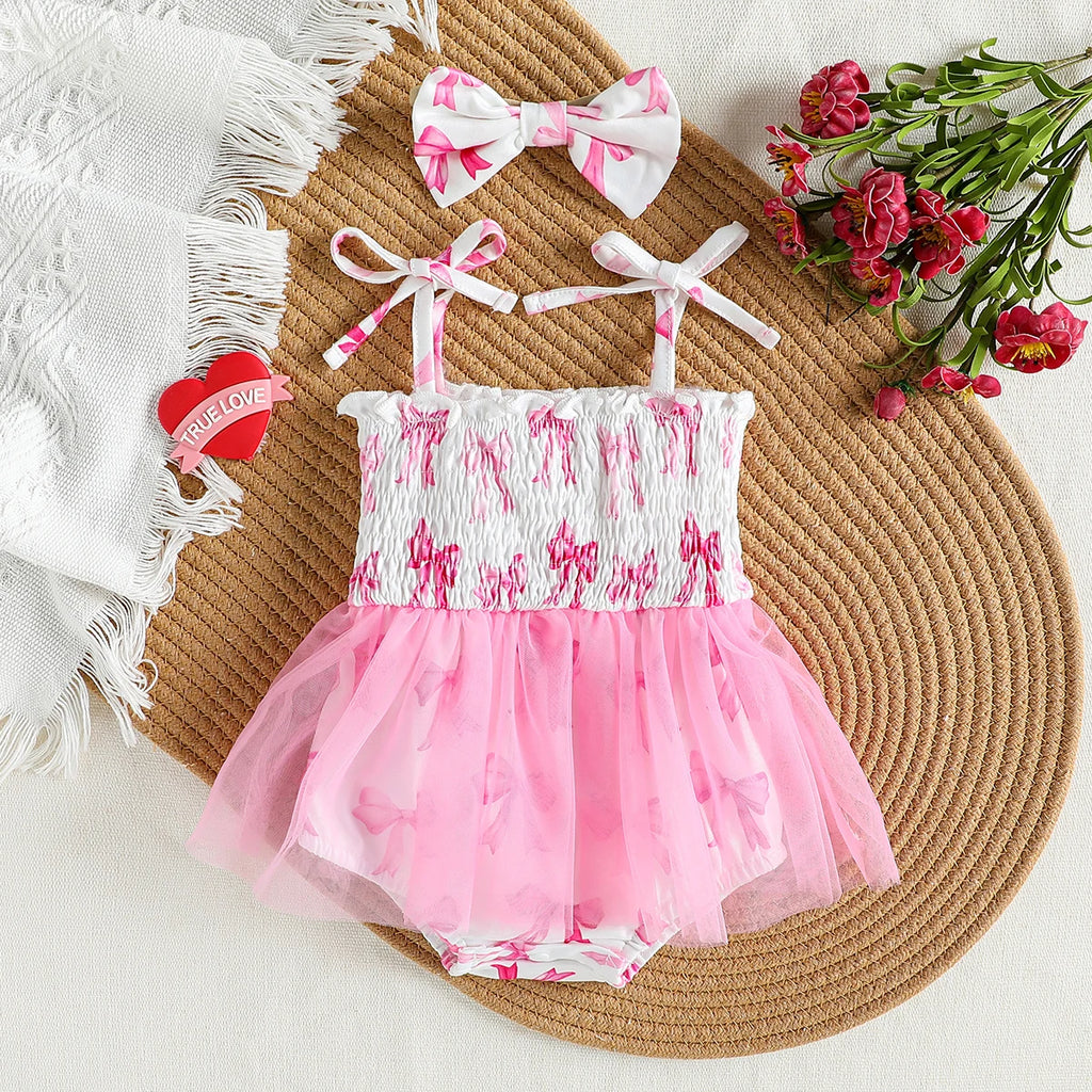 Kidsclick 2-Piece Newborn Baby Girl Romper Set – Sleeveless Tulle Skirt Jumpsuits with Bow & Headband