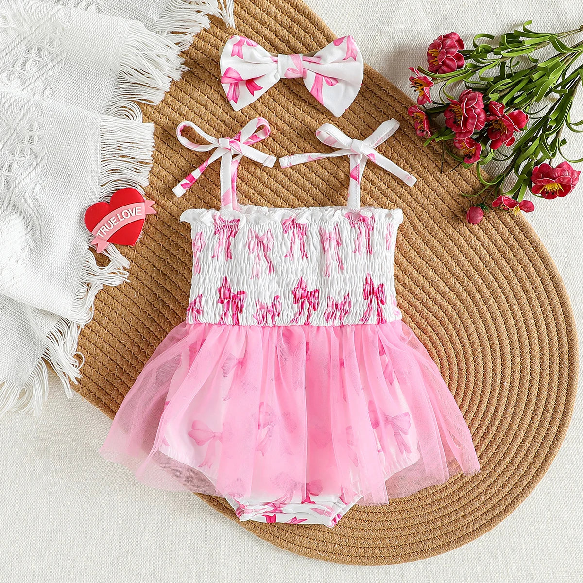 Kidsclick 2-Piece Newborn Baby Girl Romper Set – Sleeveless Tulle Skirt Jumpsuits with Bow & Headband