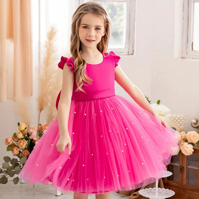 Flower Girl Dresses Birthday Tulle Dress Backless Bow Wedding Gown Kids Party Wear Princess Pink Baby Bowknot Toddler