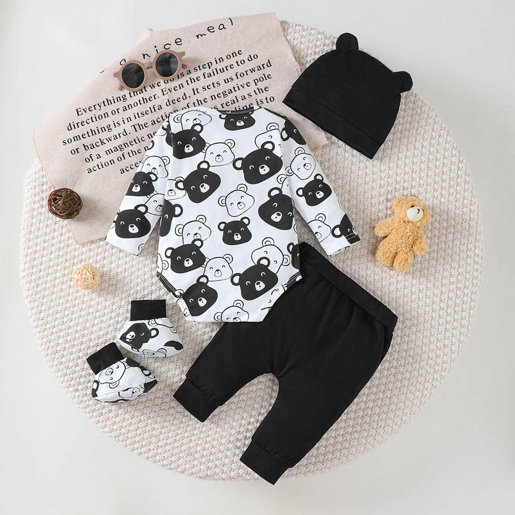 0-9 Months Baby Boy Set Little Bear Long Sleeve Bodysuit+Pants+Hat+Socks 4pcs/Set Baby Spring Autumn clothing Newborn