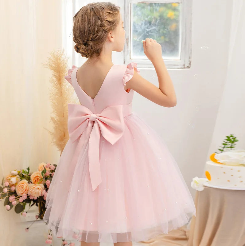 Flower Girl Dresses Birthday Tulle Dress Backless Bow Wedding Gown Kids Party Wear Princess Pink Baby Bowknot Toddler