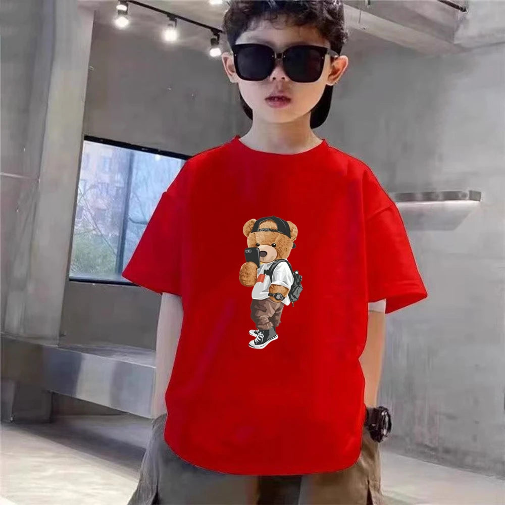 Little bear Print yellow Summer Short Sleeve Children Age 3-12 Girls boy Set white black Tshirt+Shorts 2pcs leisure Kids Set