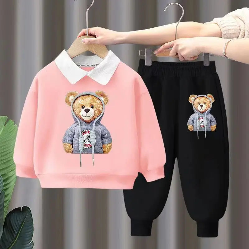 Autumn Kid Girls Clothes Set Children Boy Lapel Cartoon Bear Printed Sweatshirts Pullover Top And Pants Bottom Suit Tracksuits