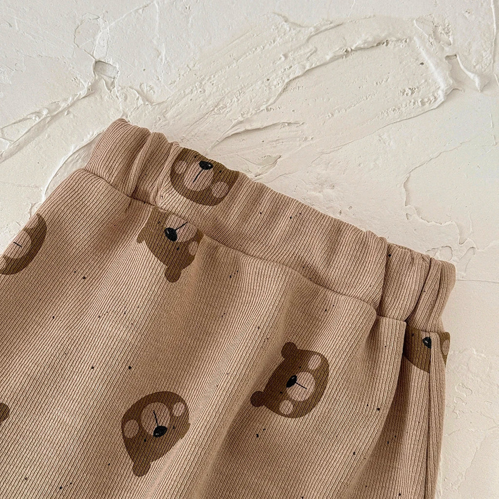 Korean Style Baby Boy Girl Clothes Set Breathable Fabric Bear Embroidery Pullover+All-over Bear Print Pants Infant Casual Outfit