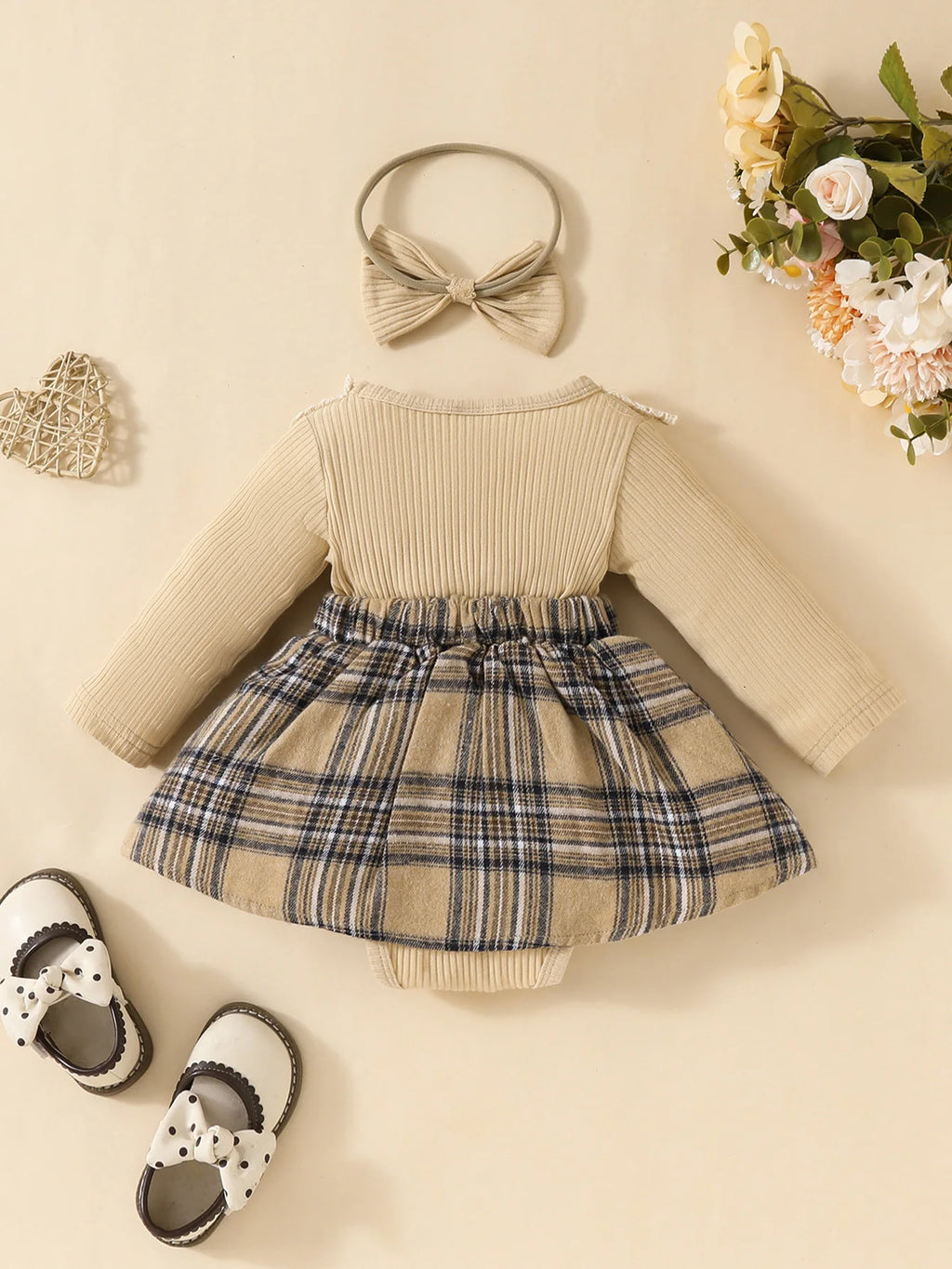 Baby Gilrs Long Sleeve Autumn/Winter Plaid With Bow Honey Jumpsuit For Newborn-18M Vacation Wear +Headband