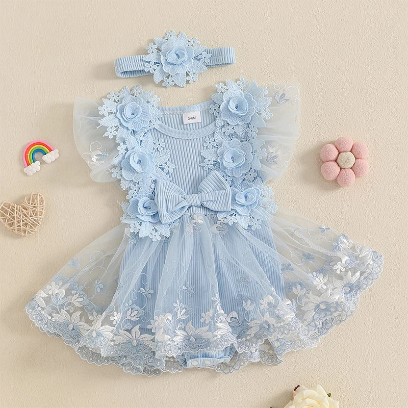 Kidsclick Baby Girl 3D Flower Embroidered Romper Dress with Headband
