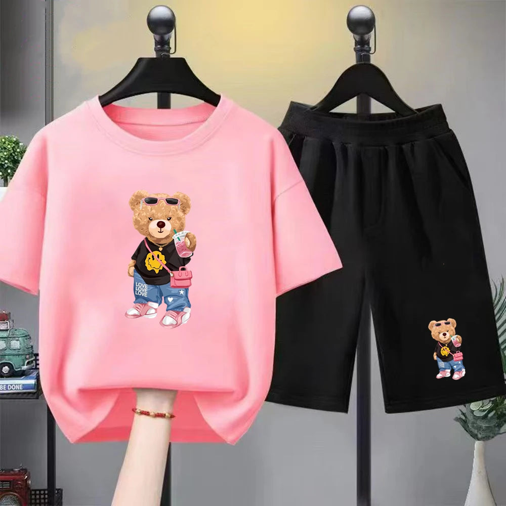 Little bear Print yellow Summer Short Sleeve Children Age 3-12 Girls boy Set white black Tshirt+Shorts 2pcs leisure Kids Set