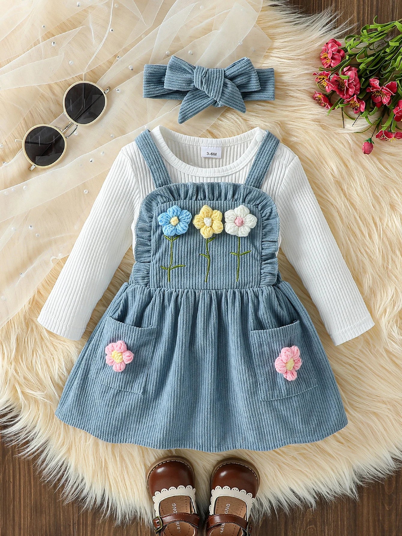 Baby Girls Autumn Outfit Long Sleeves Rompers and Crochet Flowers Suspender Skirt 3 Piece Cute Casual Clothes Set +Headband