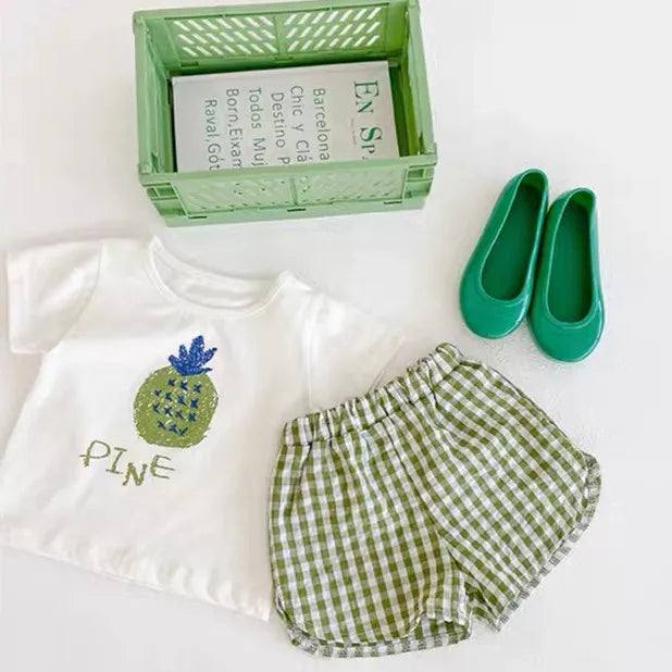 Kidsclick Baby Girl Fruit Print T-Shirt & Plaid Shorts Set – 2 Piece Summer Outfit