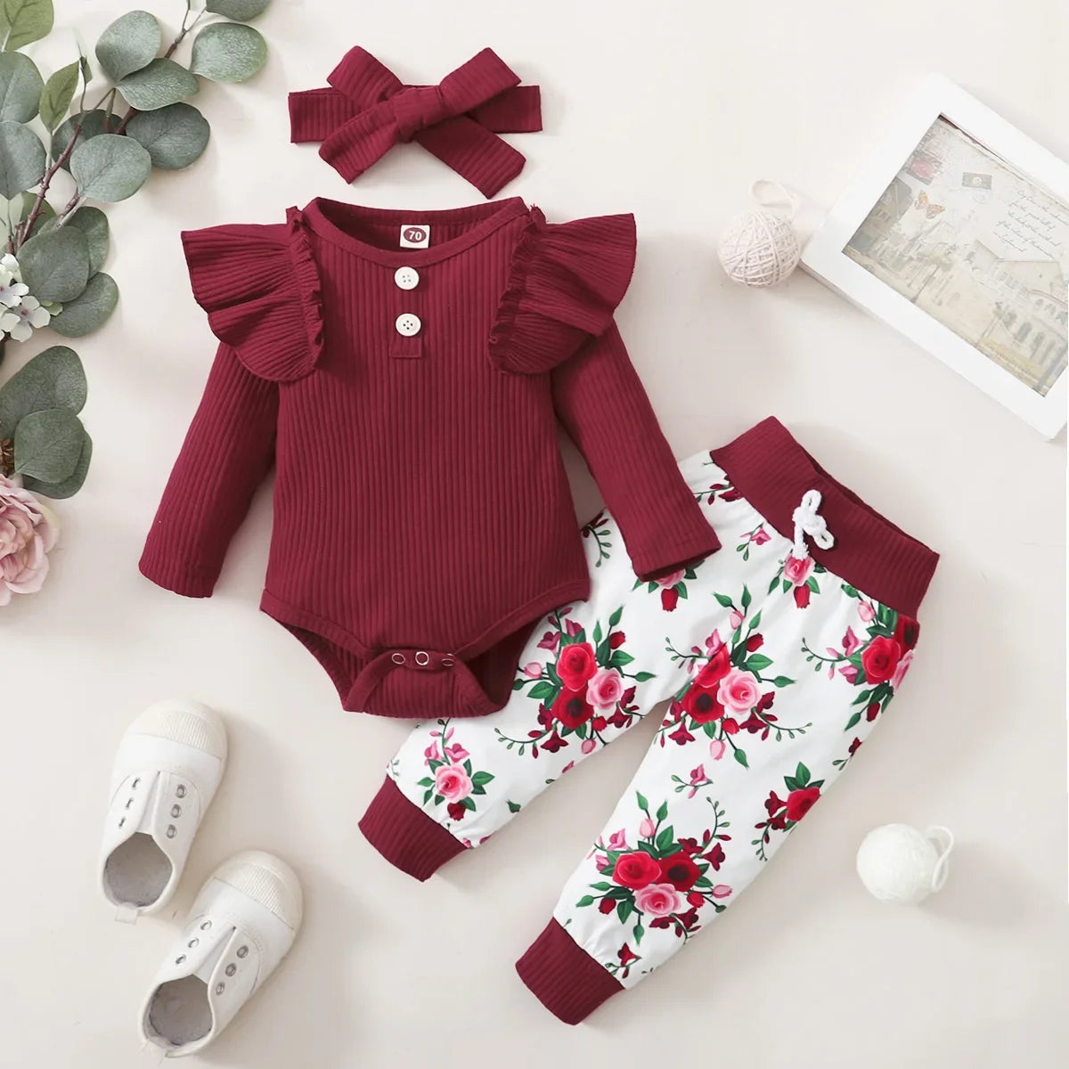 Toddler Newborn Baby Girl Clothes Set Long Sleeve Knitting Top Bodysuit Printed Love Heart Pants Headband Outfit