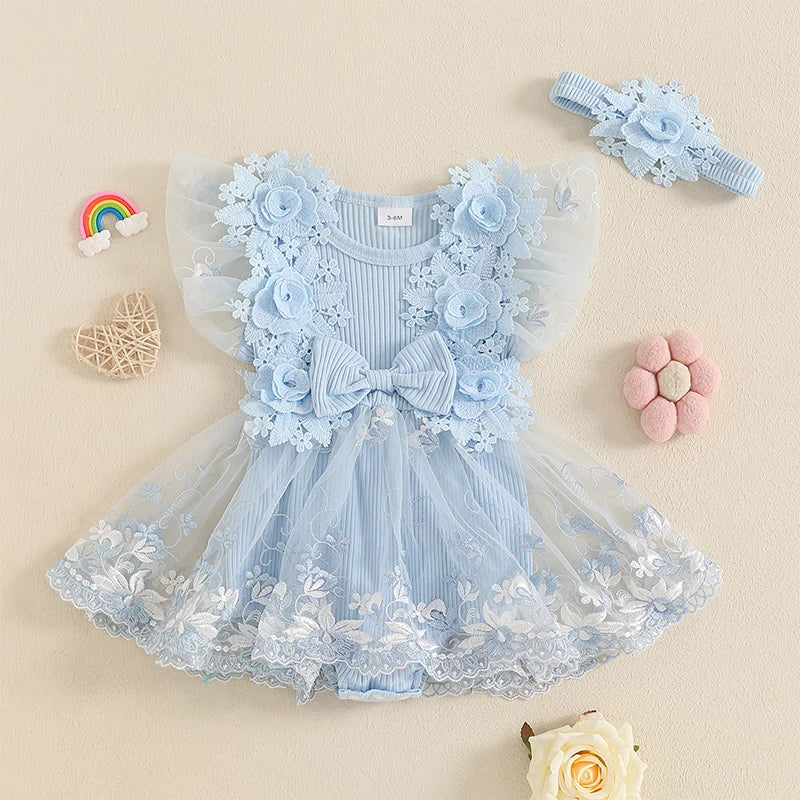 Kidsclick Baby Girl 3D Flower Embroidered Romper Dress with Headband