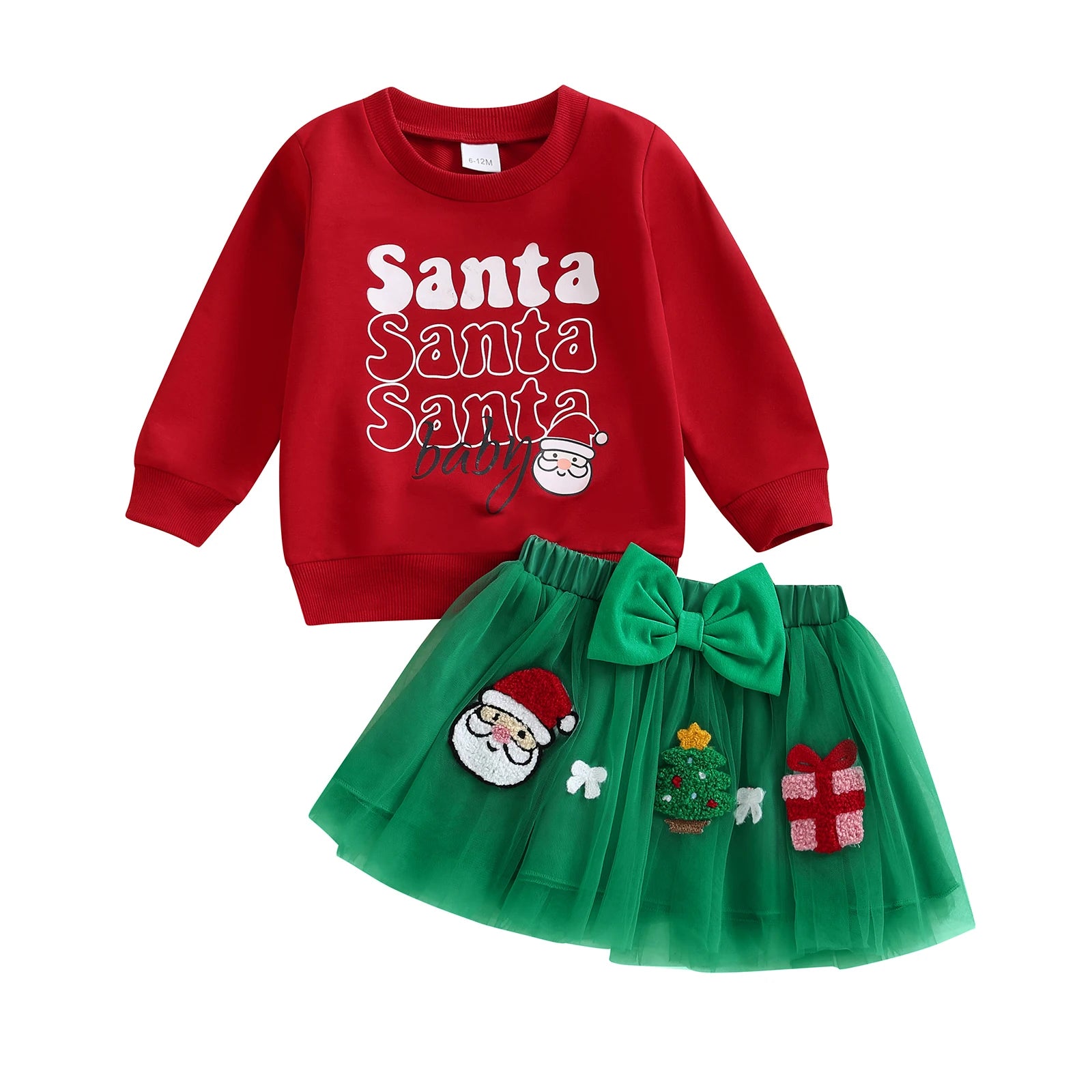 Kidsclick Girls Christmas 2-Piece Outfit – Santa Claus Print Long Sleeve Top & Tulle Skirt Set