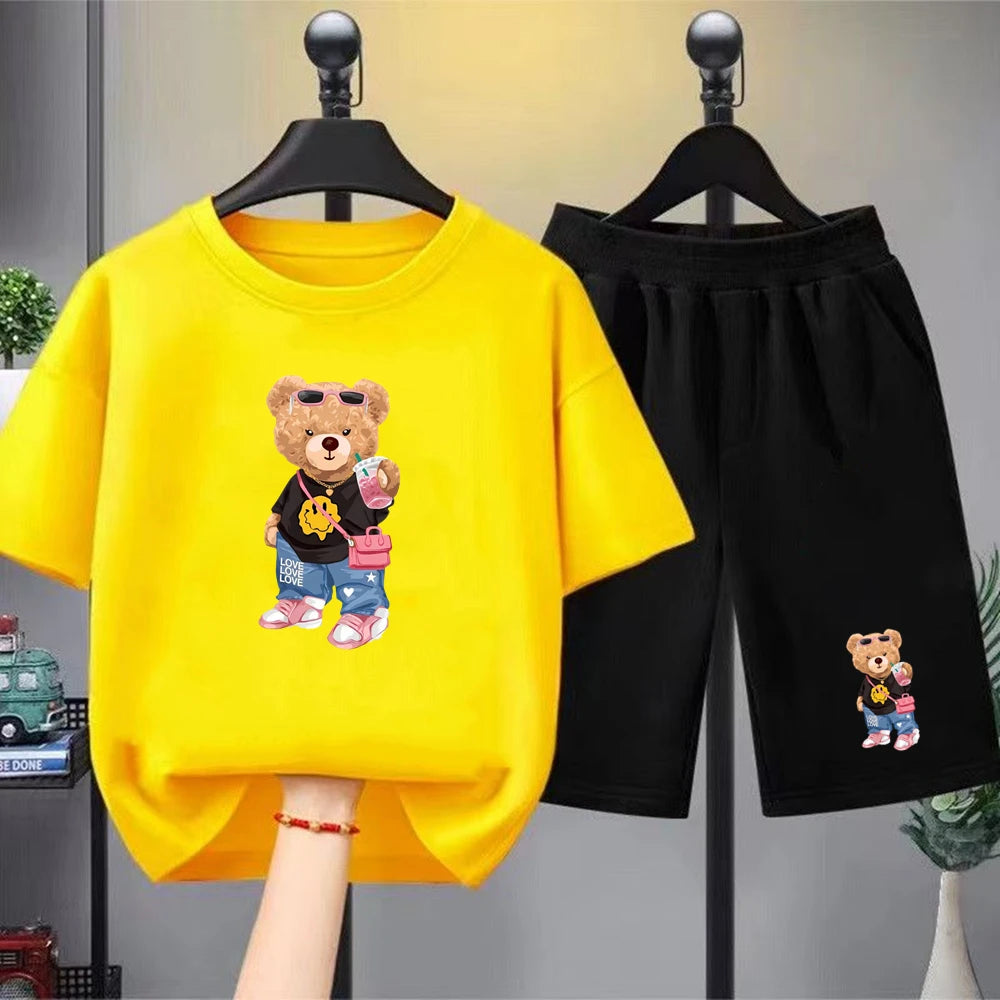Little bear Print yellow Summer Short Sleeve Children Age 3-12 Girls boy Set white black Tshirt+Shorts 2pcs leisure Kids Set
