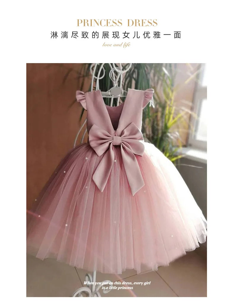 Flower Girl Dresses Birthday Tulle Dress Backless Bow Wedding Gown Kids Party Wear Princess Pink Baby Bowknot Toddler