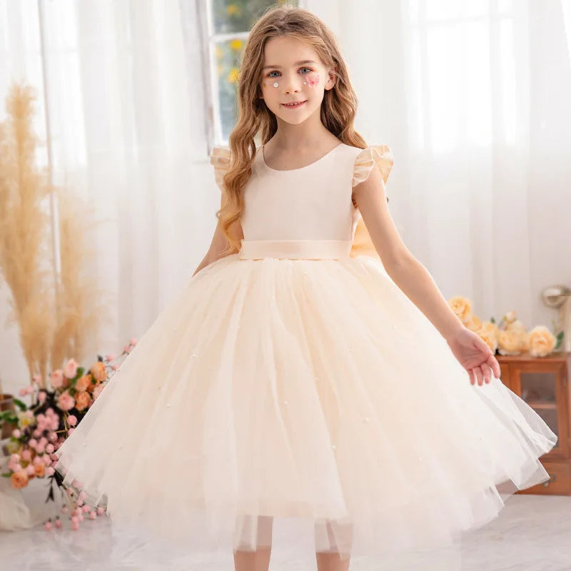 Flower Girl Dresses Birthday Tulle Dress Backless Bow Wedding Gown Kids Party Wear Princess Pink Baby Bowknot Toddler
