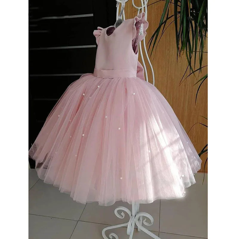 Flower Girl Dresses Birthday Tulle Dress Backless Bow Wedding Gown Kids Party Wear Princess Pink Baby Bowknot Toddler