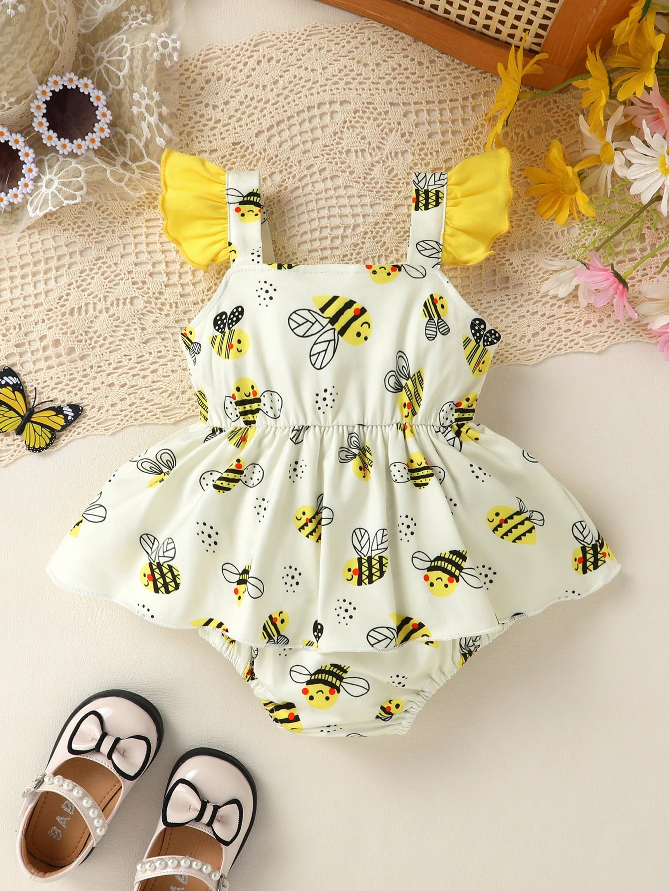 Kidsclick Baby Girls Bee Print Summer Romper – Flutter Sleeve Bow Cute Baby Outfit