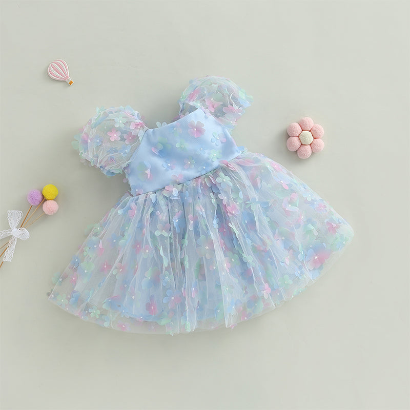 Kidsclick Baby Girl Princess A-Line Dress – Puff Sleeve Tulle Layered Dress with 3D Flower & Butterfly for Party & Birthday