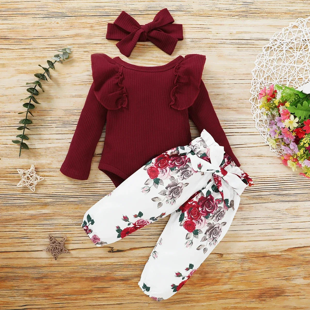 Toddler Newborn Baby Girl Clothes Set Long Sleeve Knitting Top Bodysuit Printed Love Heart Pants Headband Outfit