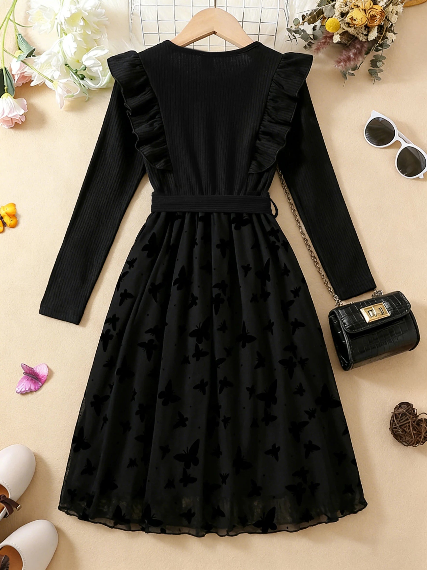 Girls Black Velvet Dress with Butterfly Design Autumn Winter Sweet Cool Princess Style Knitted Panel Velvet Skirt for Kids