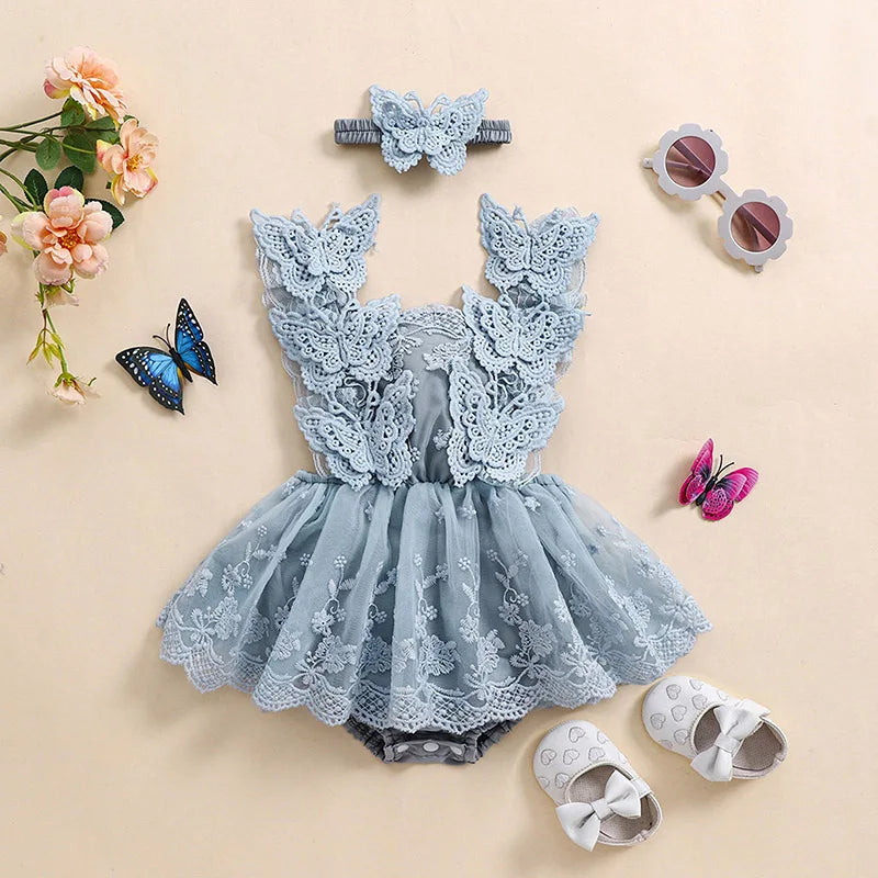 Infant Baby Girls Princess Rompers Dress Lace Butterfly Fly Sleeve Mesh Skirt Hem Jumpsuits with Headband Birthday Party Outfit