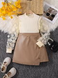Girls Casual Hollow out Sleeve Top with Half Skirt Two-Piece Set Spring Autumn Fashion Kids Outfit