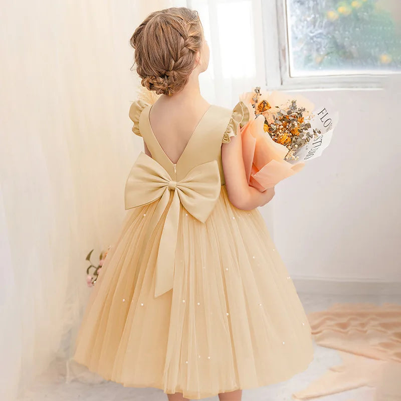 Flower Girl Dresses Birthday Tulle Dress Backless Bow Wedding Gown Kids Party Wear Princess Pink Baby Bowknot Toddler