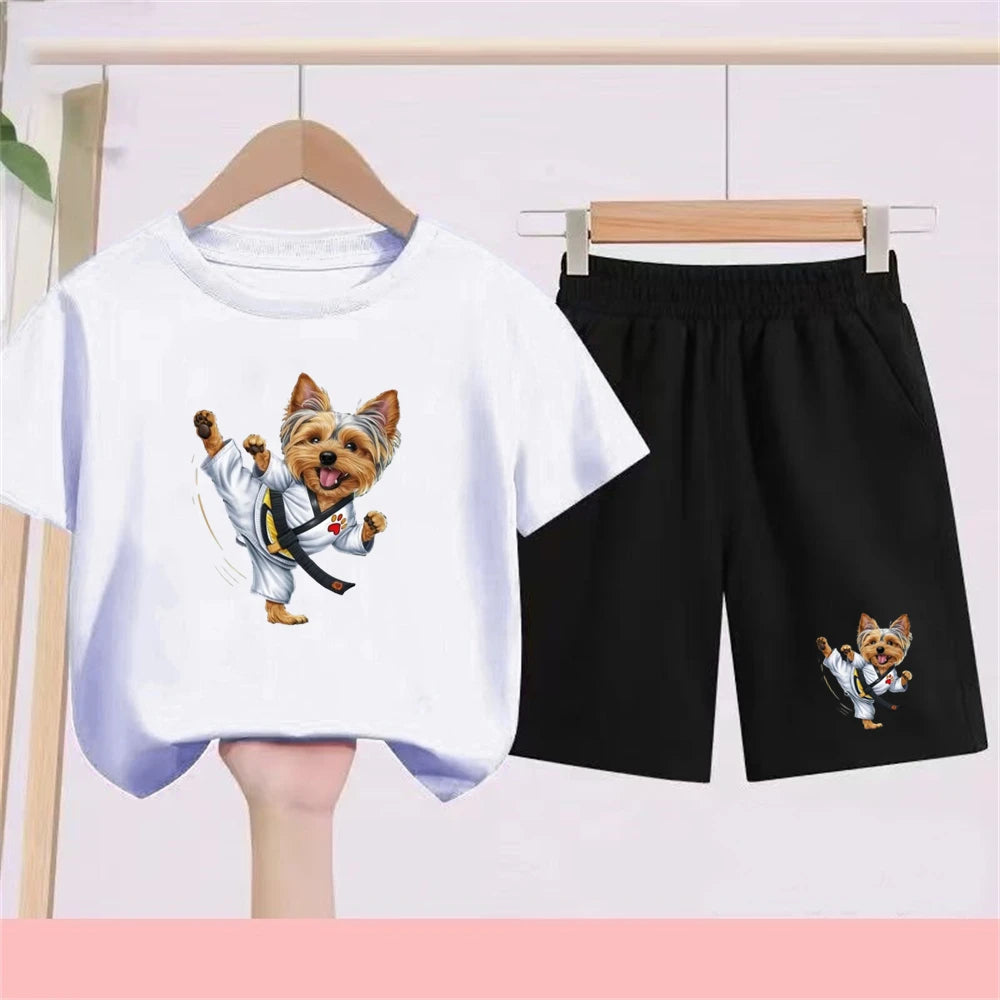 Kidsclick Kids’ Yorkie Dog Cartoon T-Shirt & Shorts Set – Summer 2-Piece Casual Outfit (Boys & Girls)
