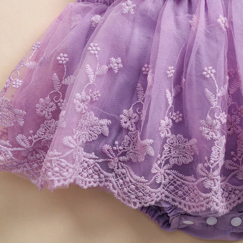 Infant Baby Girls Princess Rompers Dress Lace Butterfly Fly Sleeve Mesh Skirt Hem Jumpsuits with Headband Birthday Party Outfit