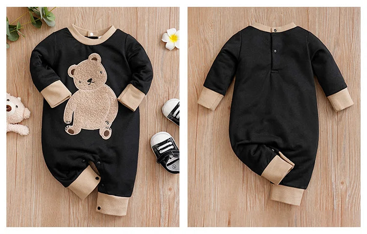 Baby Jumpsuit Cute Cartoon Teddy Bear Short Plush Embroidery Comfortable Spring And Autumn Long Sleeves 0-18m Newborn Clothes