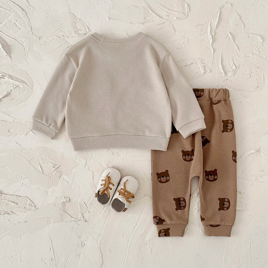 Korean Style Baby Boy Girl Clothes Set Breathable Fabric Bear Embroidery Pullover+All-over Bear Print Pants Infant Casual Outfit