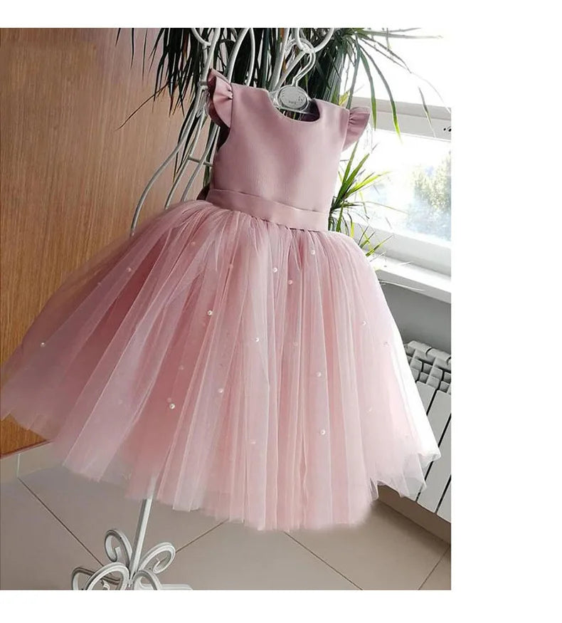 Flower Girl Dresses Birthday Tulle Dress Backless Bow Wedding Gown Kids Party Wear Princess Pink Baby Bowknot Toddler