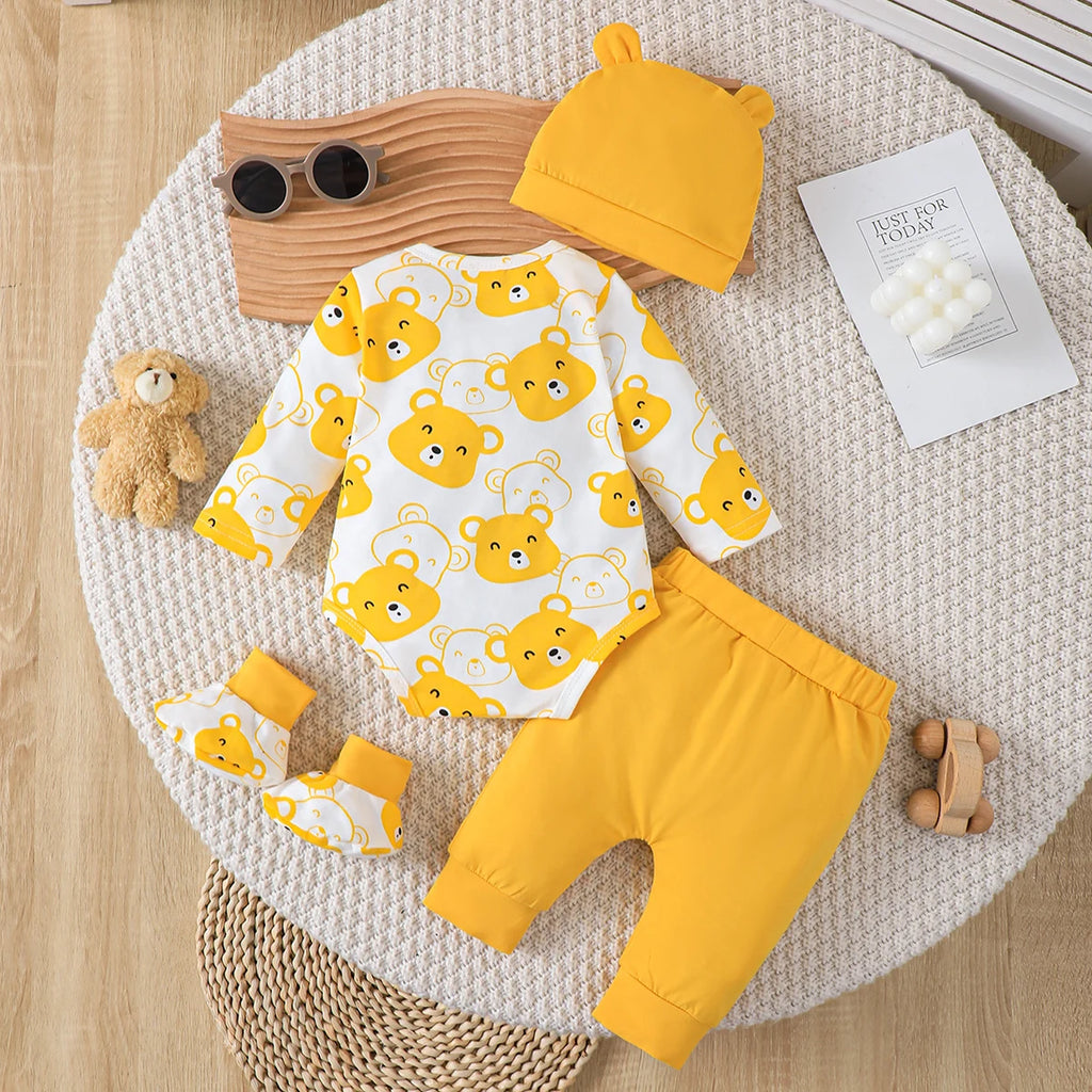 0-9 Months Baby Boy Set Little Bear Long Sleeve Bodysuit+Pants+Hat+Socks 4pcs/Set Baby Spring Autumn clothing Newborn